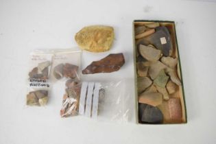 A collection of excavated pottery and stone fragments to include a Algerian Neolithic flint tool,