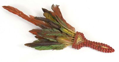 A vintage Tribal feather smudging wand, the handle decorated with beads and porcupine quills, 53cm.