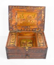 An early 19th century split and coloured straw work box, possibly French prisoner of war, the top of