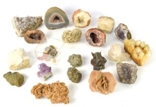 A collection of geodes and crystals to include amethyst, iron pyrite, Kunzite and others.