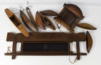 Two antique Chinese wooden weaving looms, including one primitive example 21 by 20cm, together