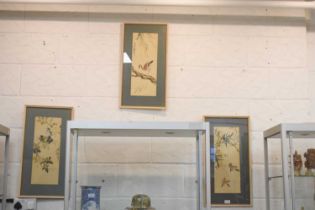 Three Chinese gouache on silk paintings, depicting various birds, signed, each 45 by 17cm.