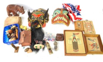 A collection of Native American and other collectable items to include a sand painting by R. Johnson