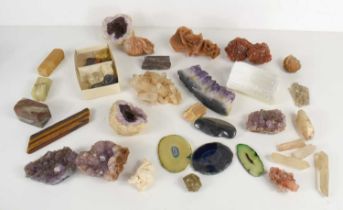A collection of geodes and crystals to include Amethyst, Desert Rose crystal, Tiger Eye, Selenite,