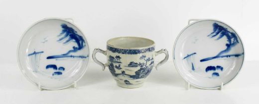 A rare late 18th / early 19th century blue and white handled cup with twin handles, together with