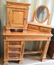 An Indonesian hardwood desk with three drawers together with a hardwood bedside cabinet and a pine