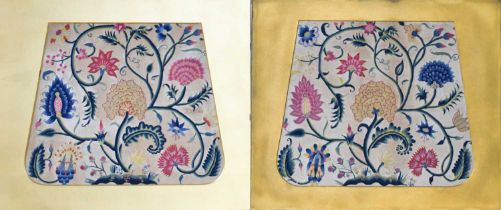 A pair of English embroidered and crewel work panels, Oriental style, depicting flowers and buds