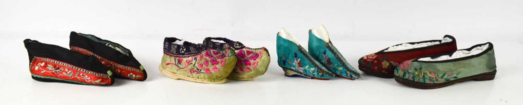 A selection of 19th century Chinese footwear, each handmade and embroidered, including a pair of