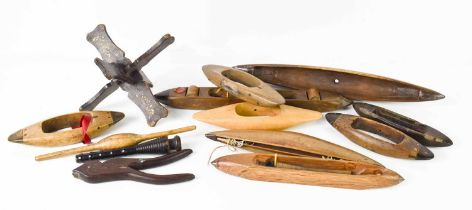 A group of Chinese treen sewing / loom accessories, including a pair of bird shaped pliers, a