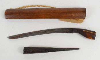An Indonesian dagger / Kris with bone handle, 28cm, and scabbard together with an antique iron spear