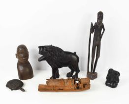 A group of carvings, to include African hardwood carved head and shoulders with detail scarification