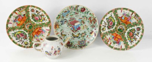 Three Chinese Famille Rose pattern plates circa 1880, together with a 19th century Chinese teapot (