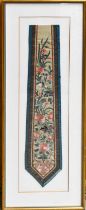 A Chinese silk embroidered panel, of tapering form, possibly a sash, the pale green ground