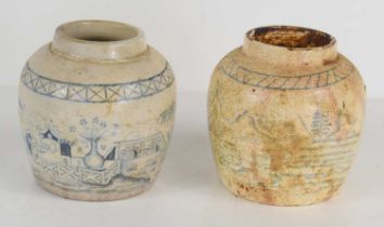 Two antique Chinese blue and white ginger jars, depicting landscape and village scenes, 10cm high.