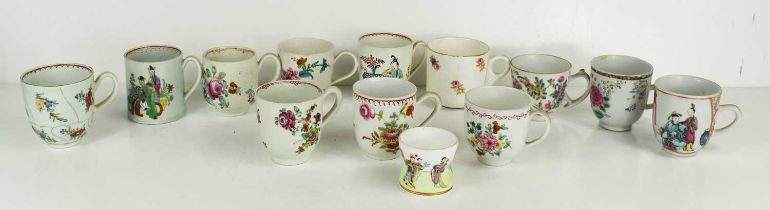 A selection of Chinese and English pottery cups, mostly late 18th / 19th century, with Famille