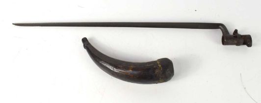 A 19th century socket bayonet, 60.5cm together with an antique horn powder flask.