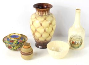 A Belleek pottery bowl together with a West German vase, a Copeland Spode commemorative decanter