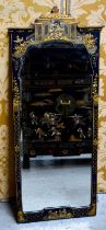 A Chinese wall mirror, with Chinoiserie scenes, with figures and birds, in a gilded frame, 97 by