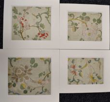 A set of four Chinese silk embroidered panels of peonies, in muted tones, on cream silk ground,
