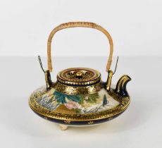 A fine Qing Dynasty Chinese teapot of squat form, decorated with figures on one side and water lilys