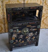 A Chinese cabinet with two doors, shelf, and open shelved compartment, decorated with warriors, with