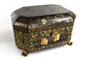 A 19th century black lacquered Chinoiserie decorated tea caddy, with two pewter interior canister