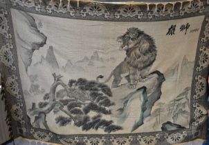 A Chinese wall hanging, depicting mountain lion upon a rock.