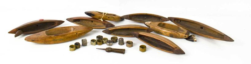 A group of 19th century Chinese sewing / loom accessories, to include metal thimbles, a pair of