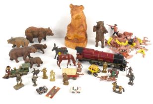 A group of collectables to include a group of carved wooden bears, Lesney diecast locomotive, OO