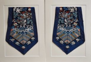 A pair of 19th century Chinese woven kesi silk panels, of flared form, likely sash ends, each the