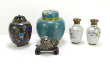 A group of cloisonne wares, comprising a turquoise ginger jar and cover, 14.5cm high, a smaller