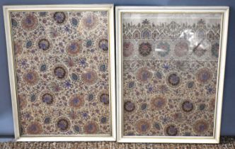 A pair of finely woven 19th century North Indian part silk and cashmere panels, the cream ground