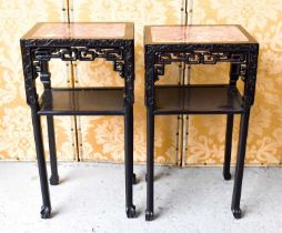 Two similar Chinese hardwood carved jardiniere stands, with square marble inset tops, pierced and