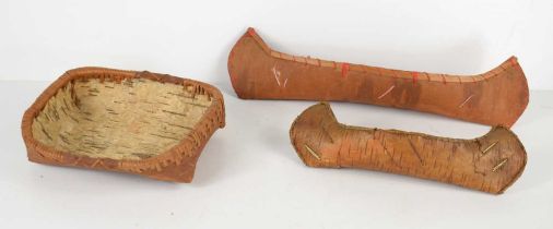 A Native American birch bark model of an Algonquin Canoe, early 20th century, 24cm together with a