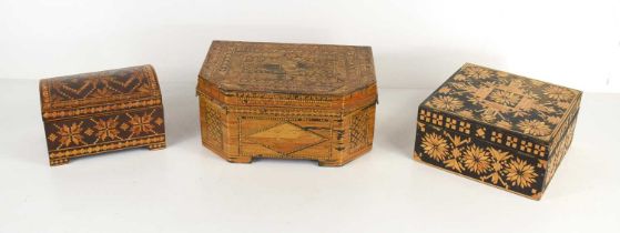 A 19th century decorative straw work sewing box, with coloured marquetry work depicting flowers