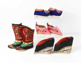 A pair of Chinese boys celebratory boots, hand embroidered, together with three pairs of Chinese
