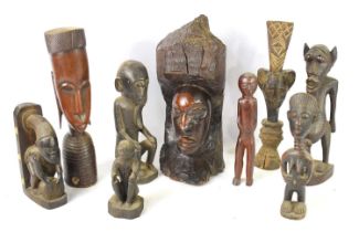 A group of African tribal wooden carvings to include a Ghana fertility goddess
