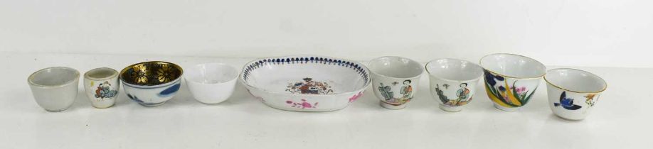 A selection of Chinese porcelain to include sake bowls with one decorated with irises, and and