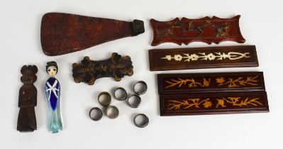 A selection of 19th century sewing accessories, to include metal thimbles of various design, a group