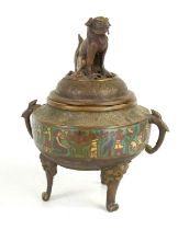 A Japanese bronze and cloisonne incense burner, the cover mounted with a Shishi lion, the