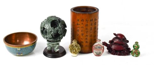 A group of Chinese collectables comprising a bamboo brush pot with inscribed character mark