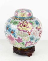 A Cloisonne ginger jar and stand, with floral and foliate decoration on a pale blue ground, 22cm