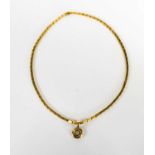 An 18ct gold bar box link necklace set with a circular pendant with central diamond, diamond