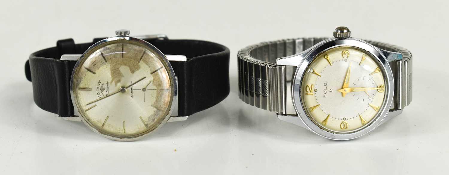 A Vintage Rotary Incabloc wristwatch with black leather strap, and a Solo stainless steel example.