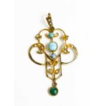 A pretty Edwardian 9ct gold, turquoise and seed pearl set pendant, 1.98g.