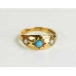 A 9ct gold Victorian style ring, set with turquoise and seed pearls either side, size J, 1.85g.