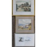 Three 20th century watercolours: Trevor Perkins, winter landscape, 12 by 29cm, W B Thomas, beach