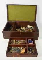 A 19th century oak jewellery/work box, containing a selection of antique and later jewellery,