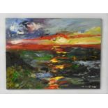 IV. Ilieva (20th century): sunset, oil on board, 15 by 20cm.