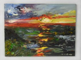 IV. Ilieva (20th century): sunset, oil on board, 15 by 20cm.